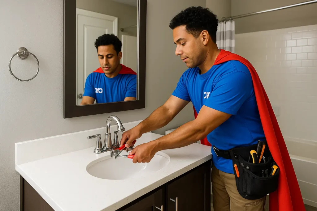 Handyman in superhero-themed uniform installing a chrome bathroom faucet in a modern residential bathroom with clean white counters and neutral tones