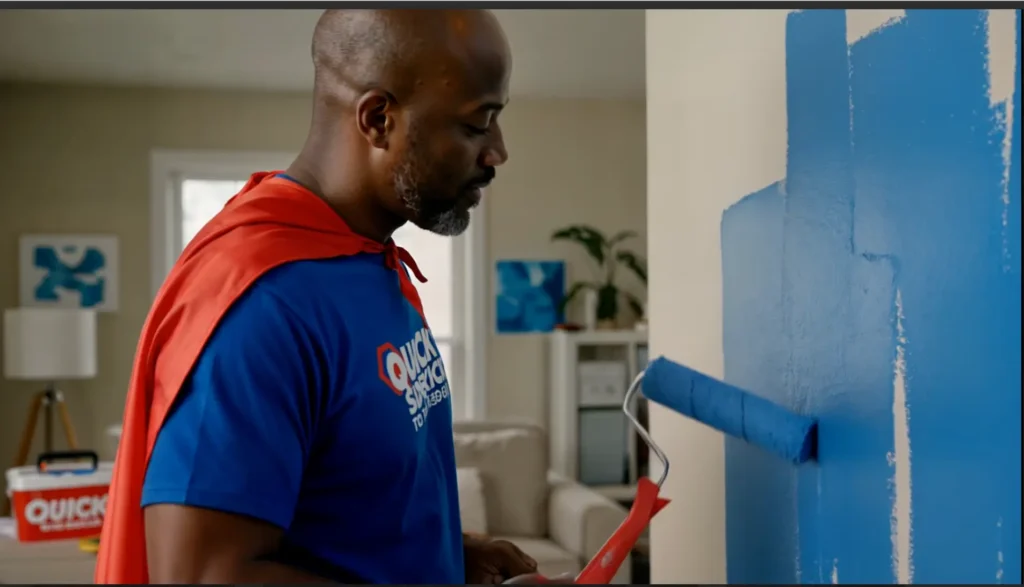 Handyman painting wall with roller in South Surrey home