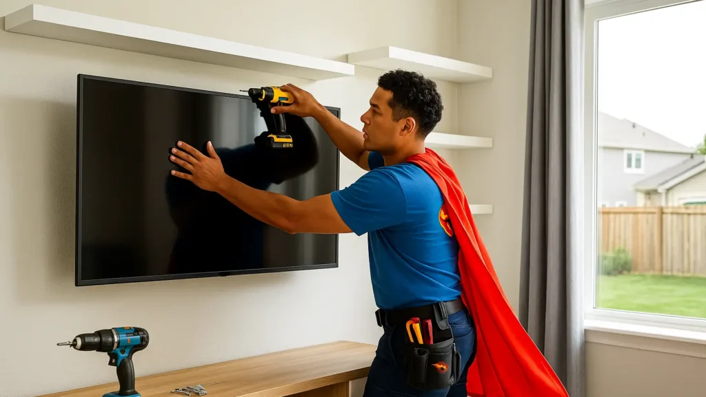 Handyman in uniform mounting a flat-screen TV and installing wall shelves in a modern living room in South Surrey