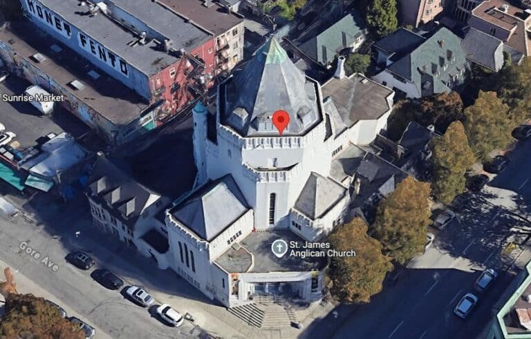 Bird’s-eye view of St James Anglican Church in Vancouver before roof and gutter cleaning