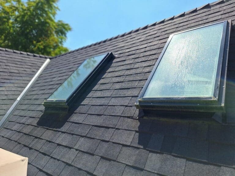 Clean skylight on residential roof in North Vancouver after exterior window cleaning