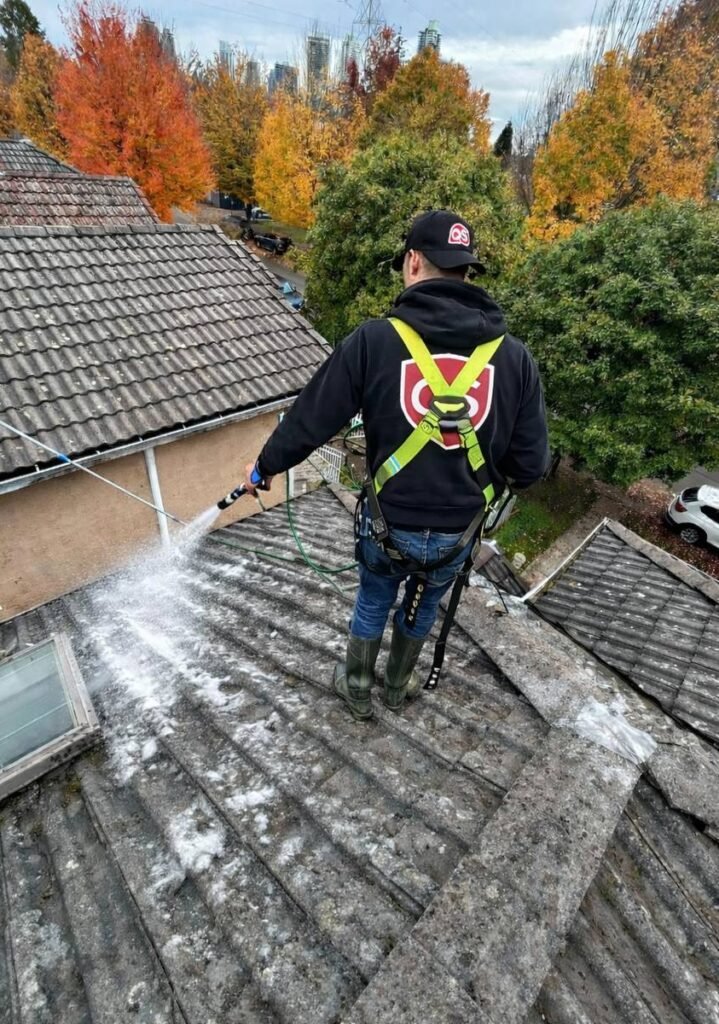 roof cleaning a technician from quicksidekick in vancouver bc