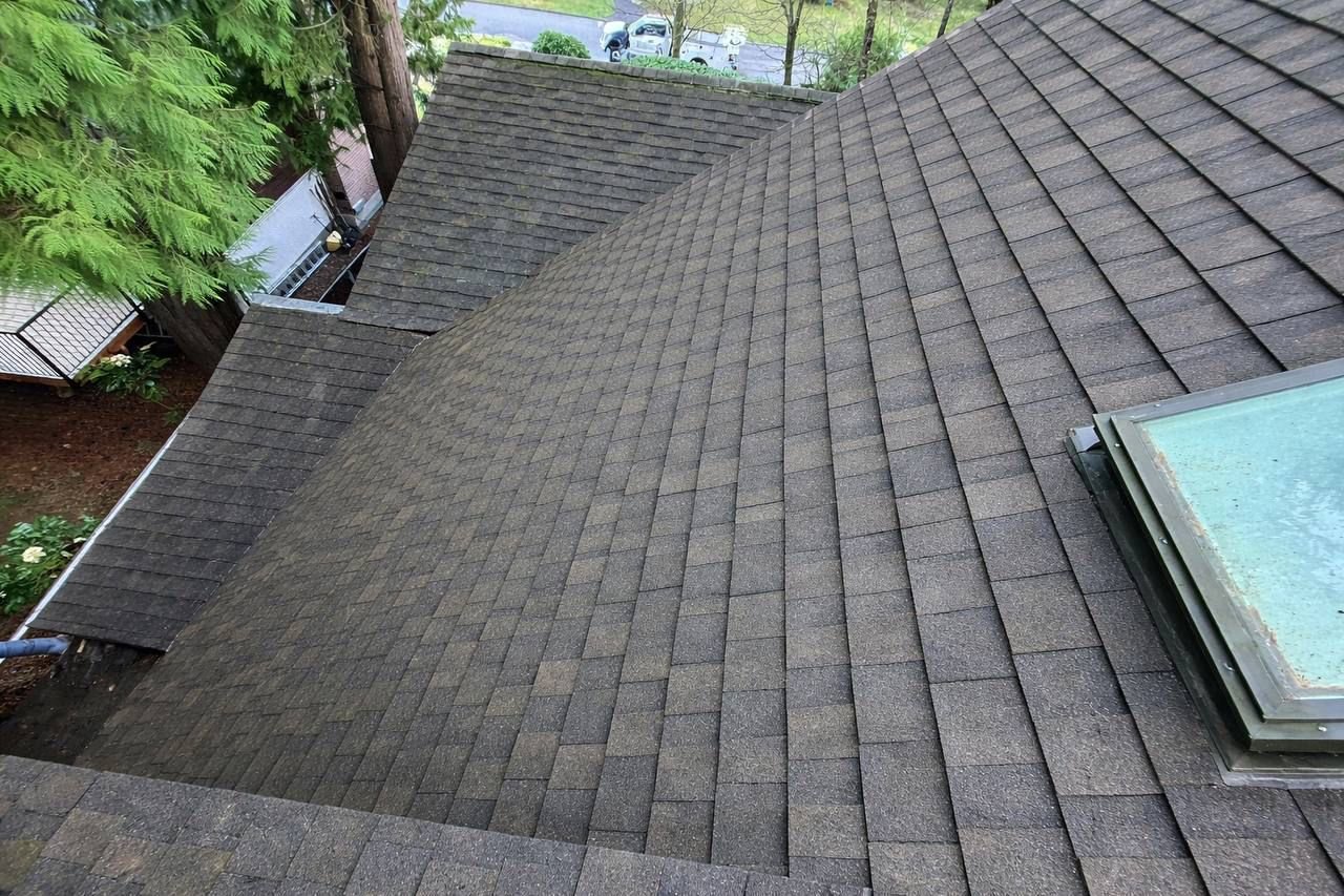 After roof cleaning service in Vancouver showing clean roof gutters