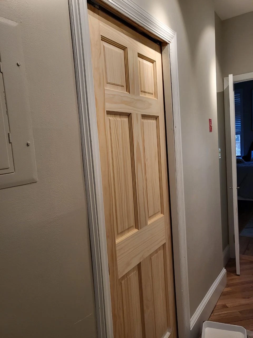 After pocket door replacement in Burnaby showing smoothly operating new pocket door professionally installed with clean wall finish