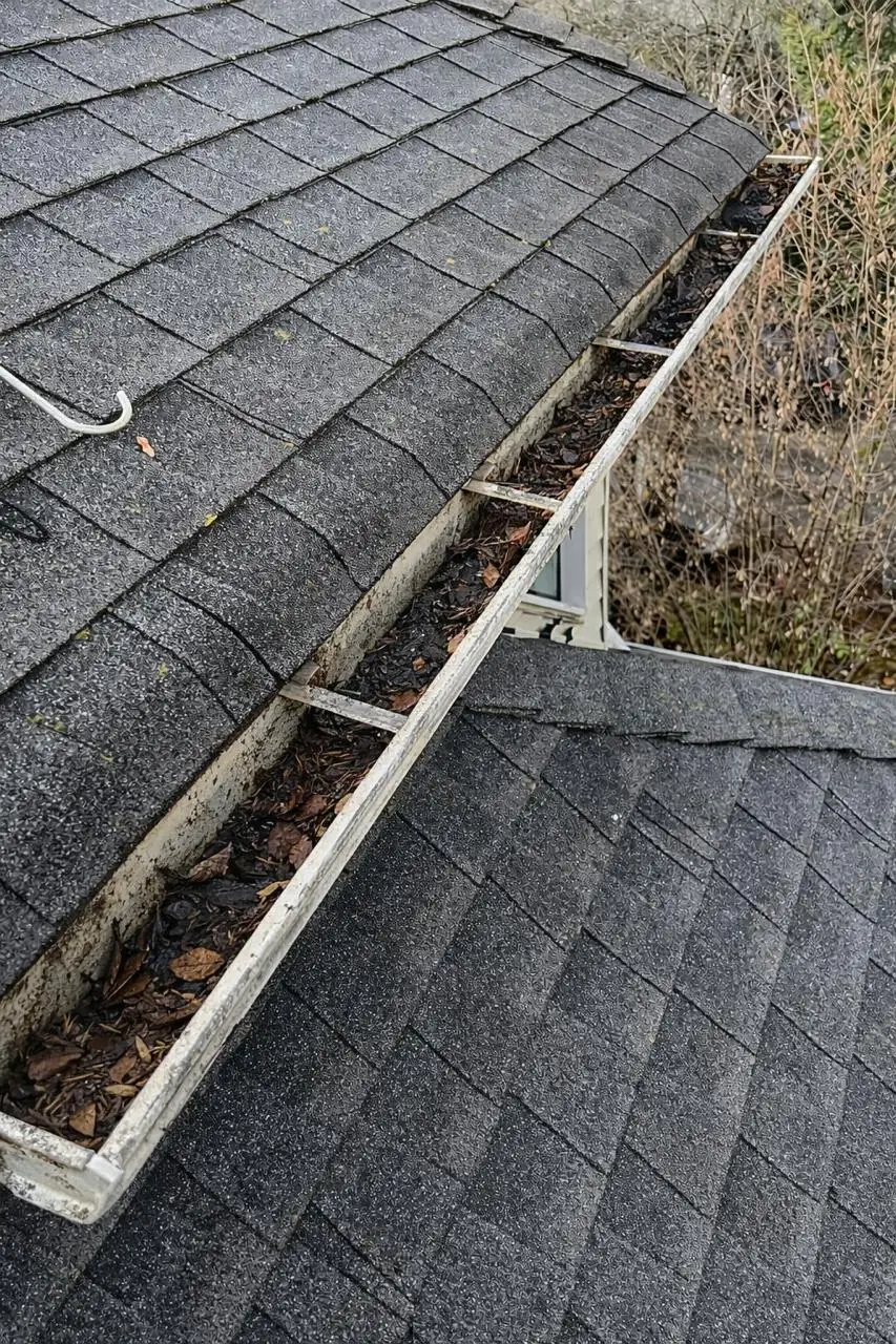 Gutter blocked with compacted leaves and debris before professional cleaning in Vancouver BC