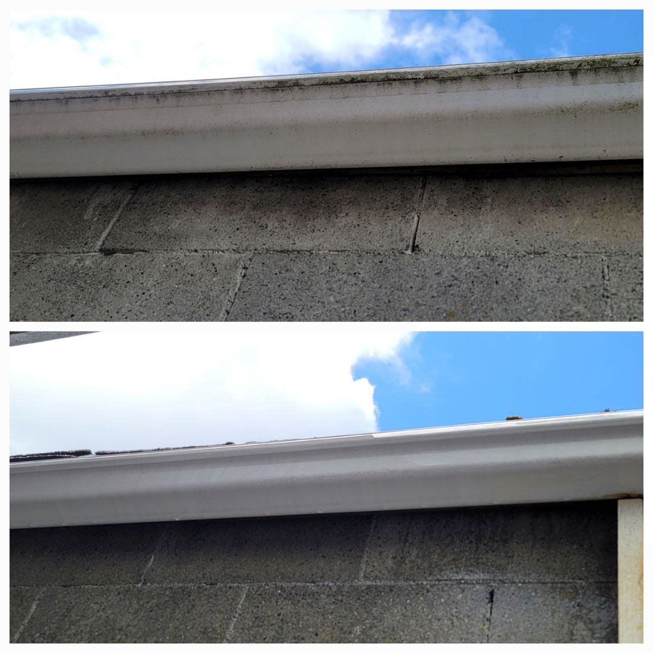 Black streaks and staining on the exterior face of a gutter