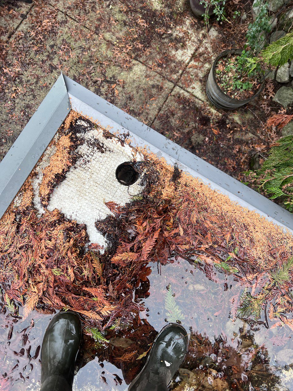Built-in hidden gutter with standing water and drainage overflow problem in Vancouver