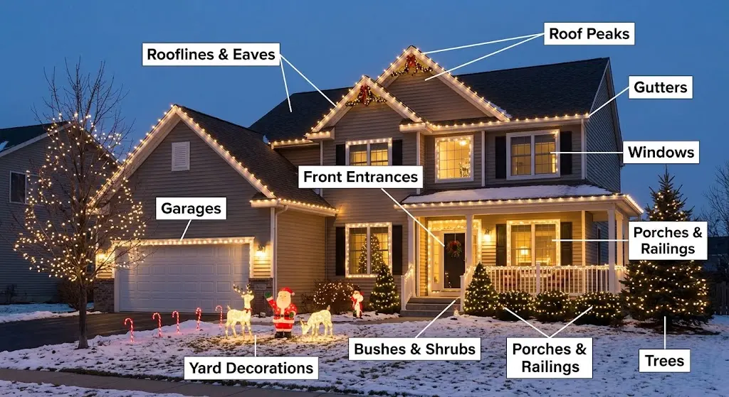 Areas where Quick Sidekick installs Christmas lights around a Vancouver home