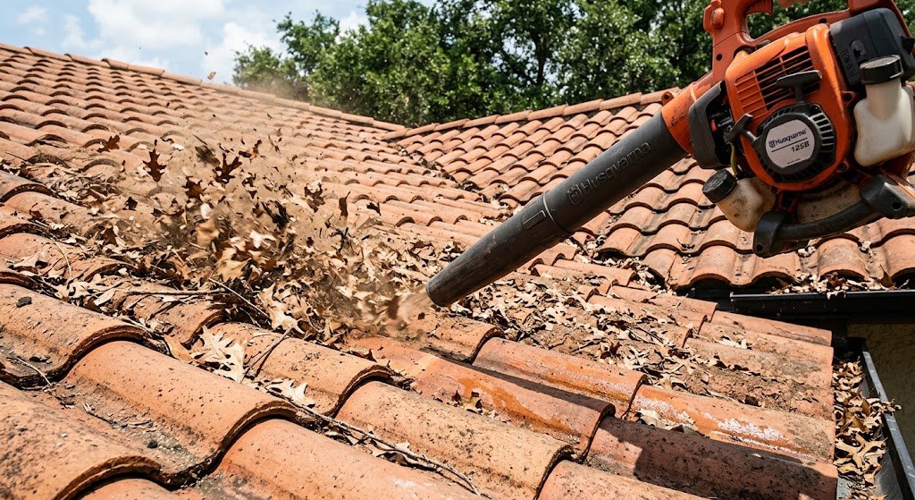 Debris on tile roof before roof blow-off cleaning