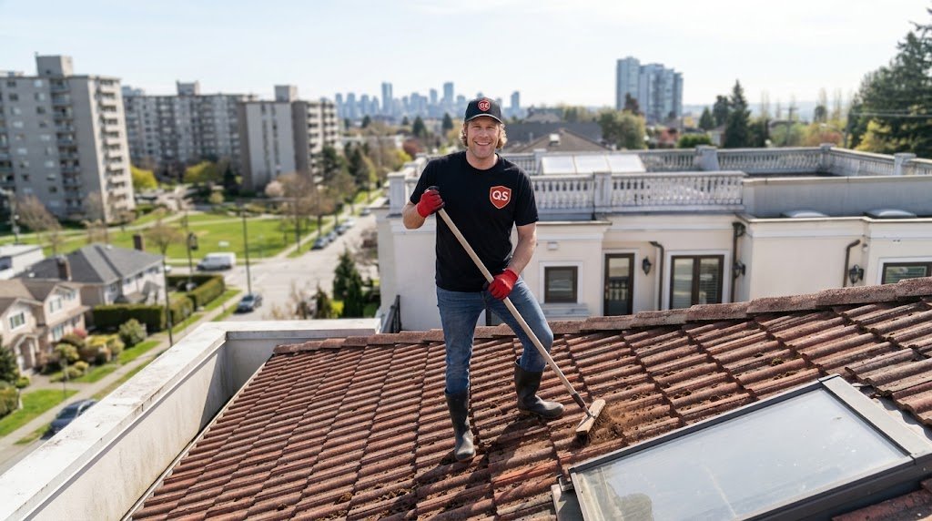 Quick Sidekick technician brush cleaning moss from a roof in Vancouver BC