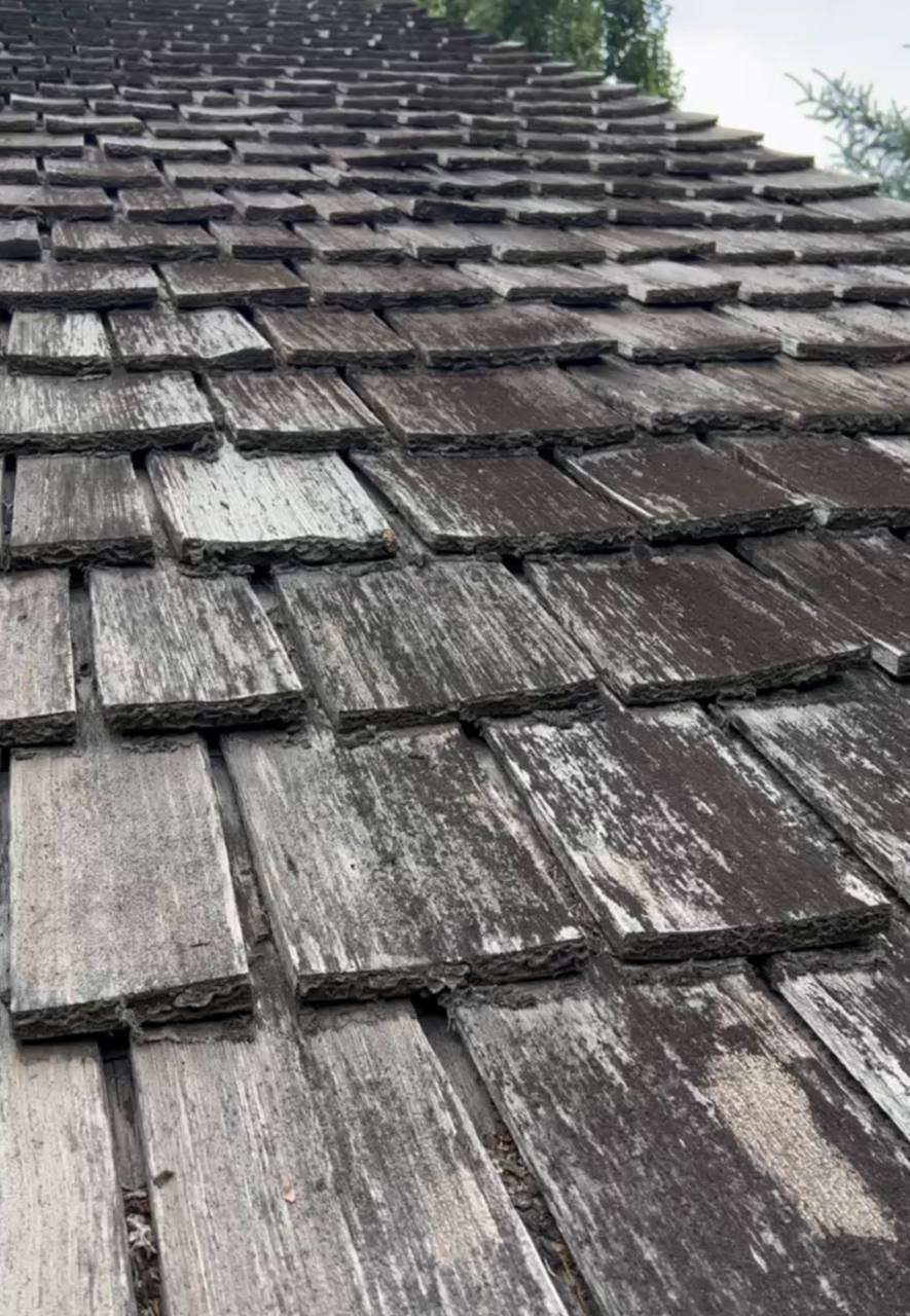 Older weathered cedar shake roof in Vancouver showing aged cedar condition
