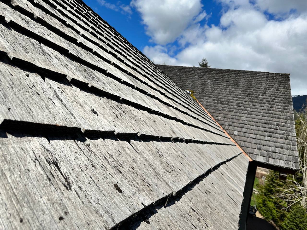 Older weathered cedar roof with natural grey colouring