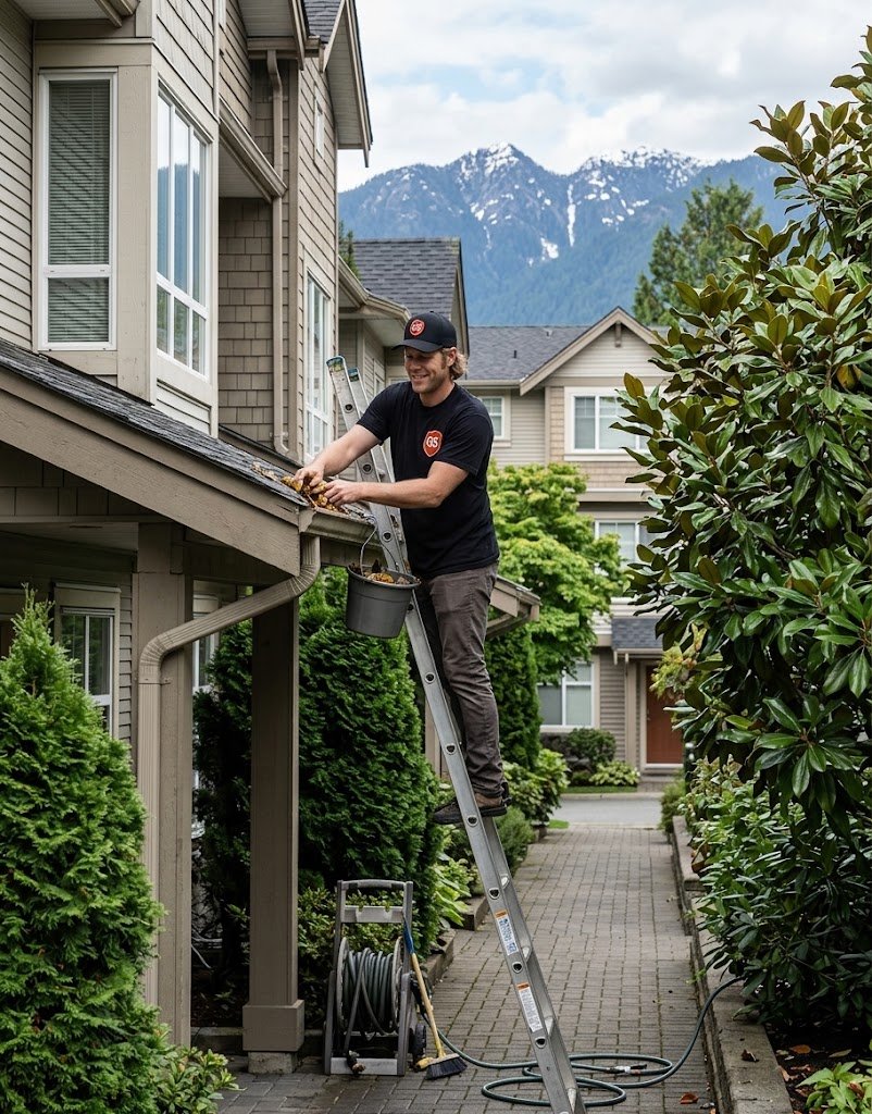 Quick Sidekick technician cleaning gutters on a townhouse complex