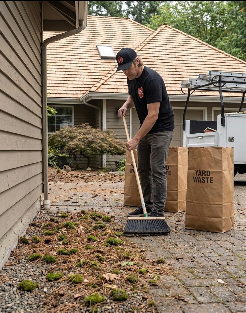 Quick Sidekick technician cleaning up debris after cedar roof cleaning in Vancouver