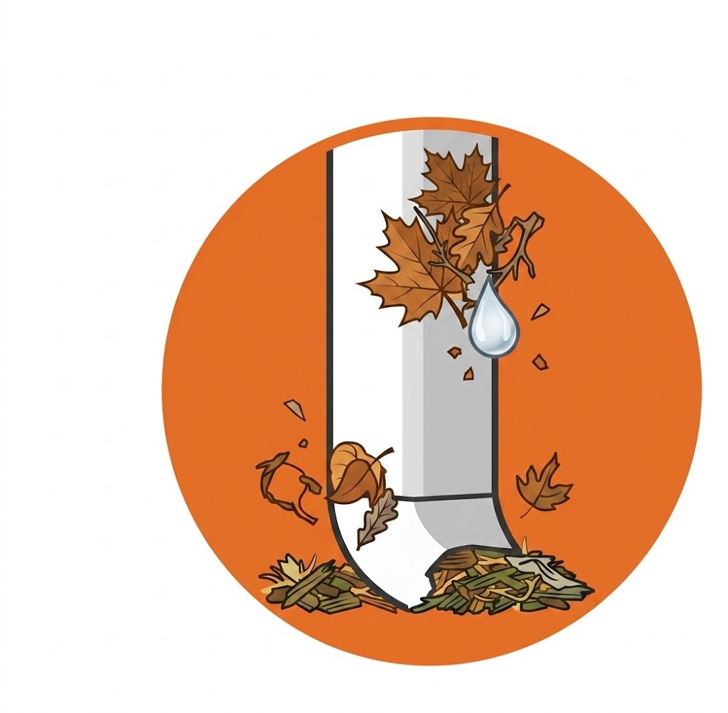 Clogged downpipe blocked with leaves and debris