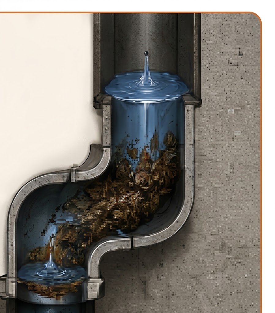 Example of a blockage deeper inside a flat roof drain line