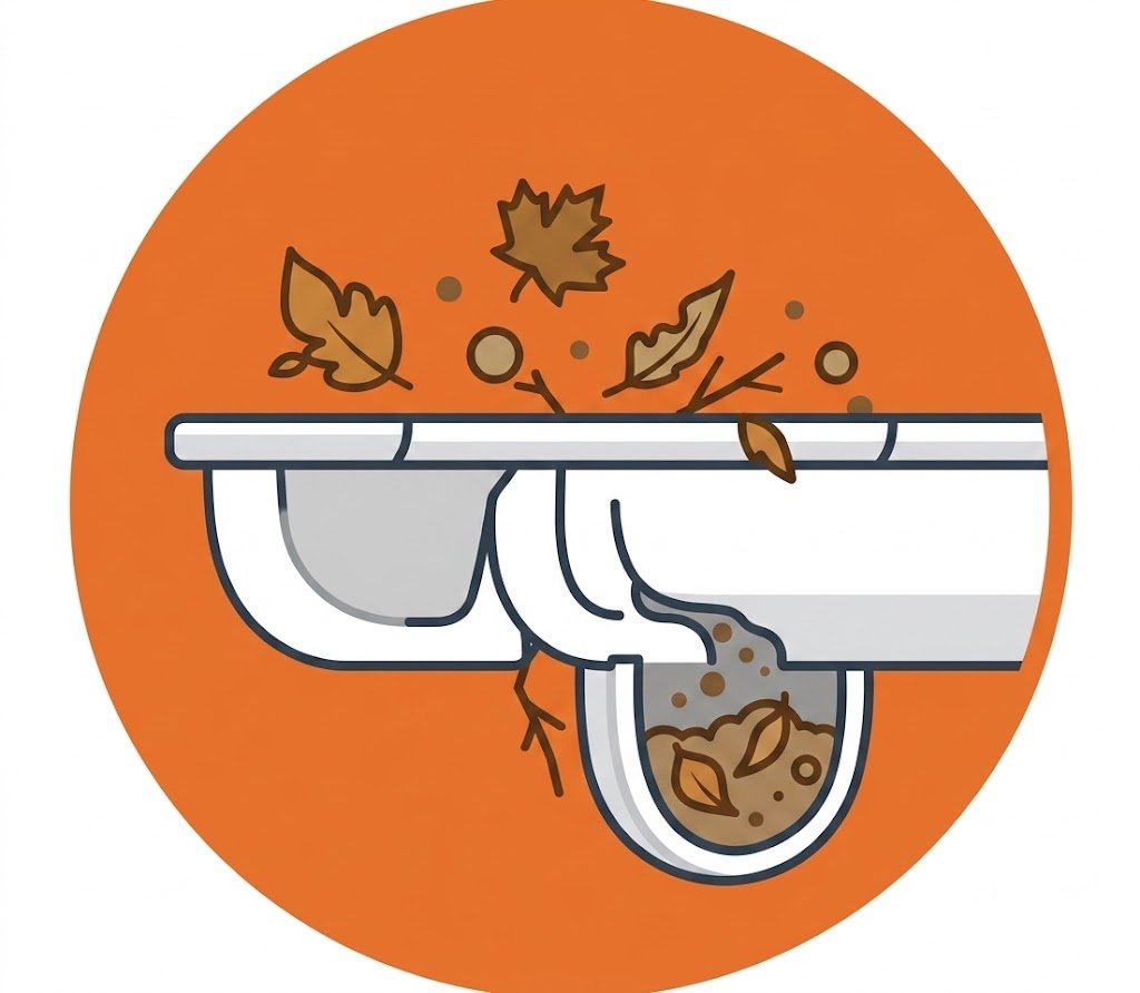 Clogged gutter filled with leaves and debris