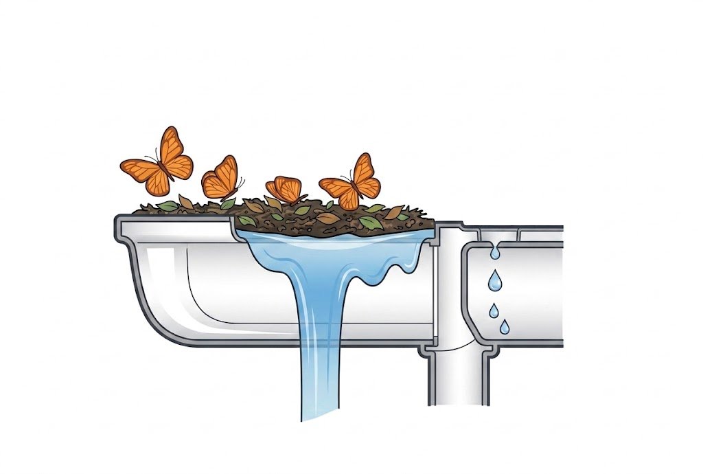 One section of a gutter overflowing due to a localized clog