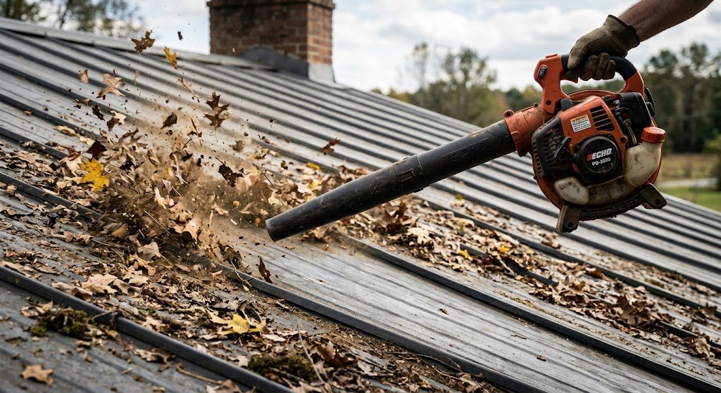 Removing leaves and debris from a metal roof