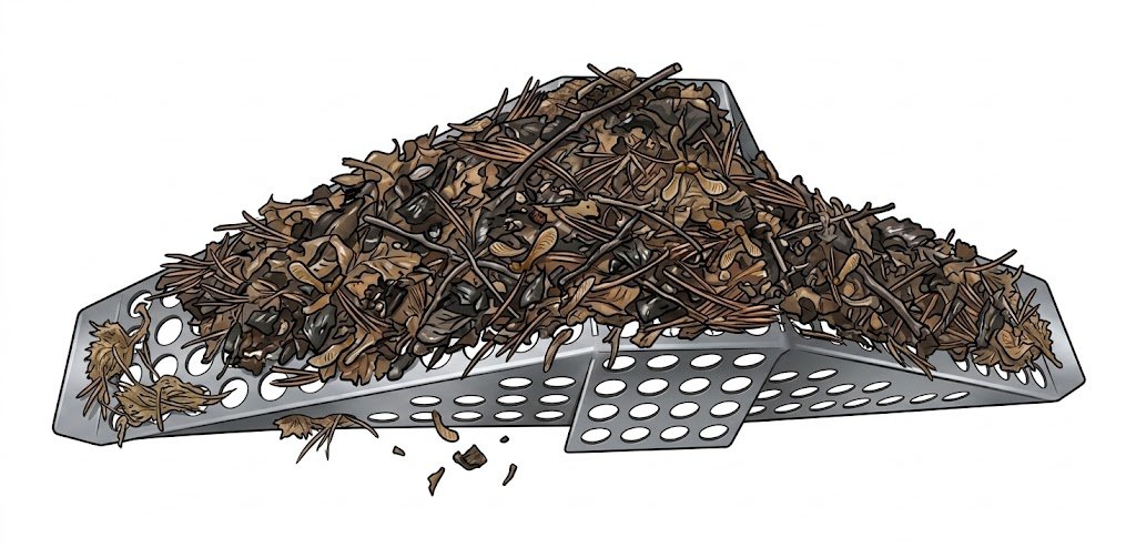 Leaves and organic debris collected around a gutter basket where it can be cleaned