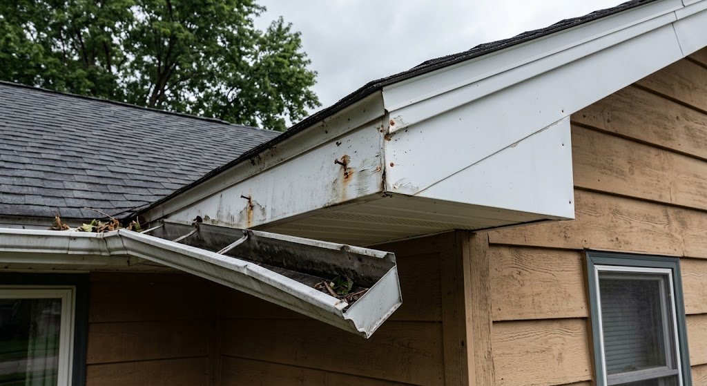 Partially detached gutter pulling away from a house