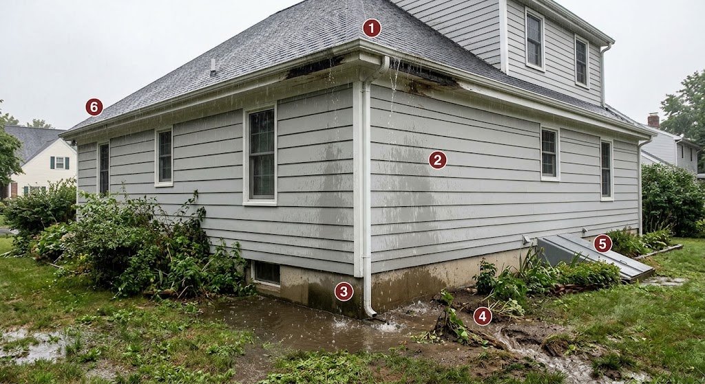Example of how overflowing gutters can affect the fascia, exterior walls and foundation area of a home