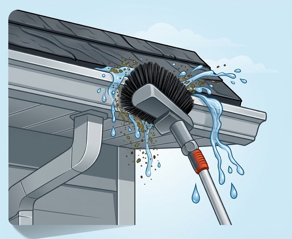 Exterior gutter cleaning being completed with a professional cleaning system