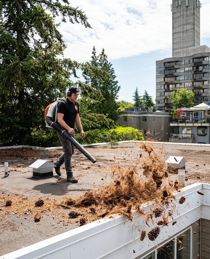 Leaf blower being used to remove loose debris from a flat roof