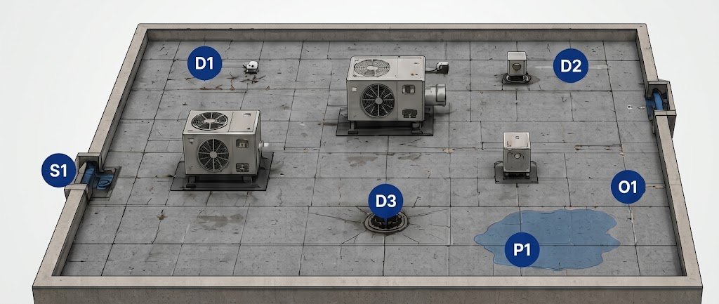 Flat roof drain mapping diagram showing numbered drains, scupper, overflow and ponding area