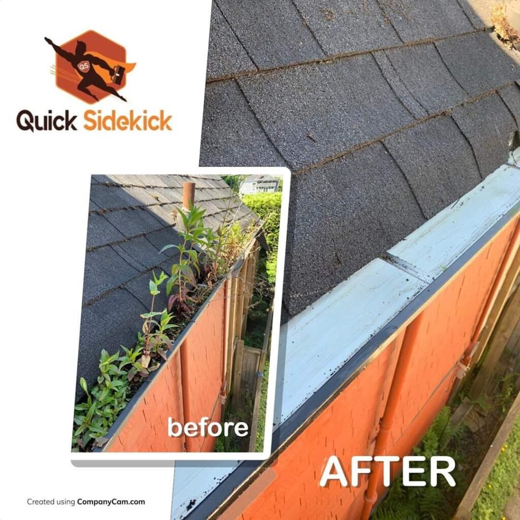 Before and after gutter cleaning on a Vancouver home by Quick Sidekick
