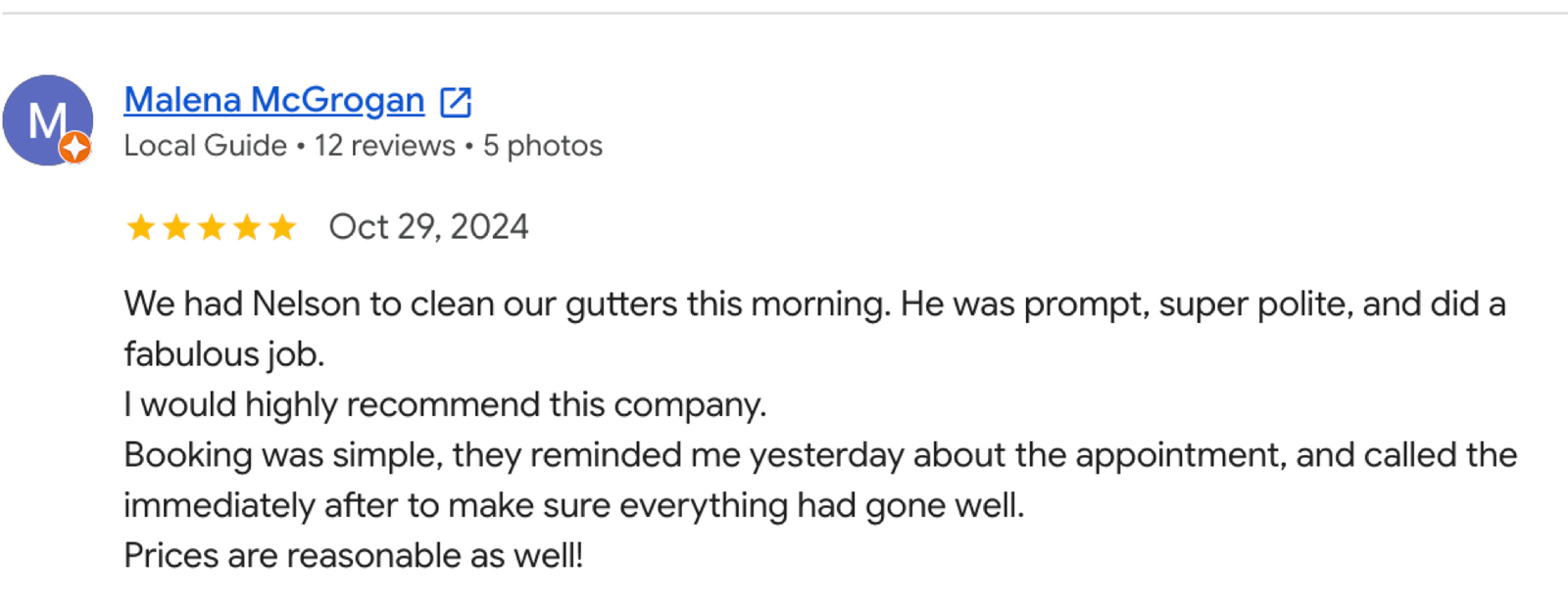 Customer review for Quick Sidekick gutter services in Vancouver