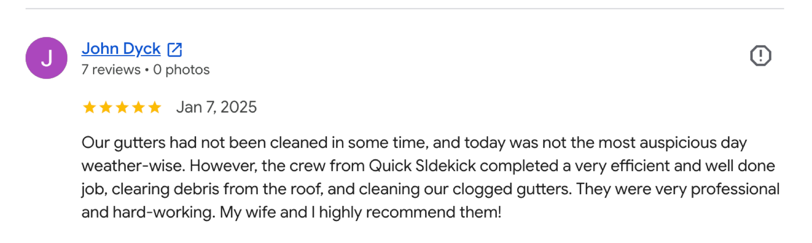 Vancouver customer review for Quick Sidekick gutter work