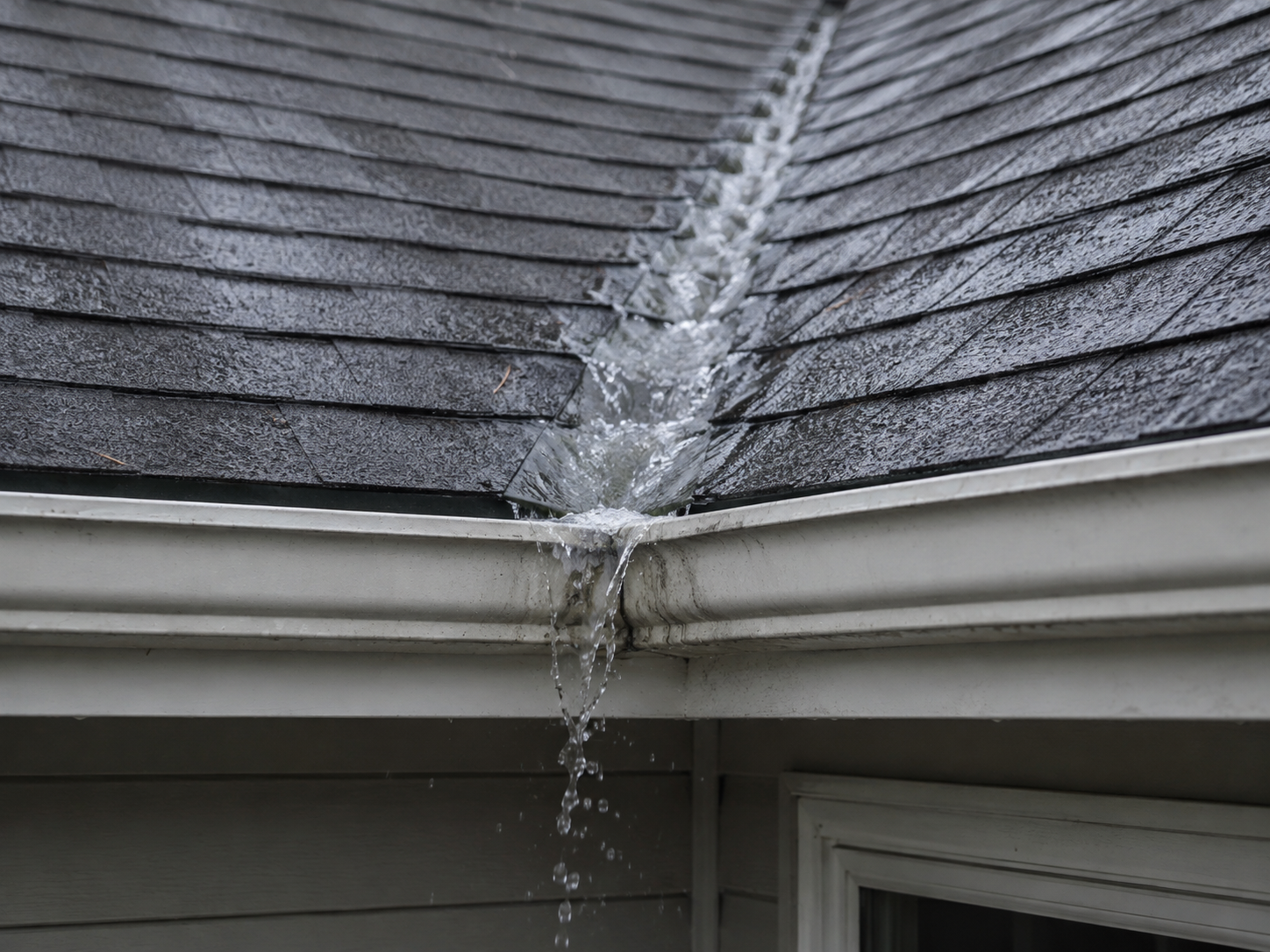Gutter overflowing below a roof valley during heavy rain