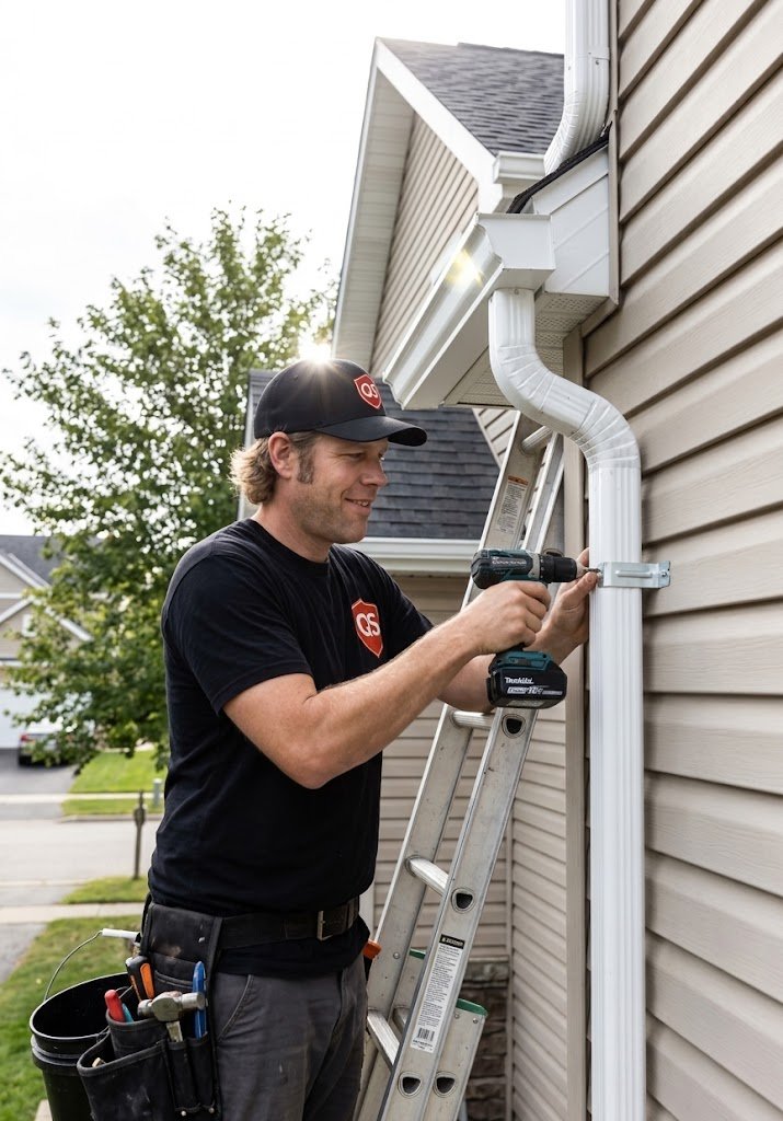 Quick Sidekick technician reattaching a downspout in Vancouver