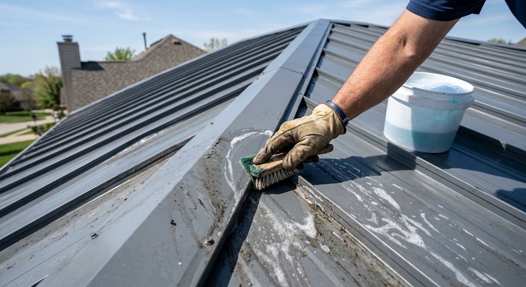 Detailed hand cleaning and spot treatment on a metal roof