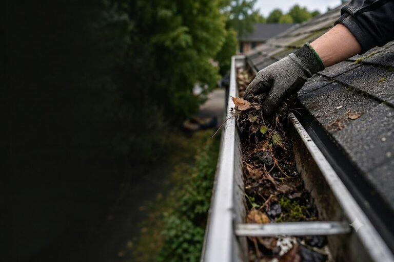 Technician cleaning residential gutters on an asphalt shingle roof in Vancouver BC