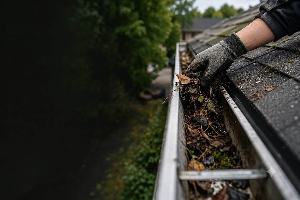 Technician cleaning residential gutters on an asphalt shingle roof in Vancouver BC