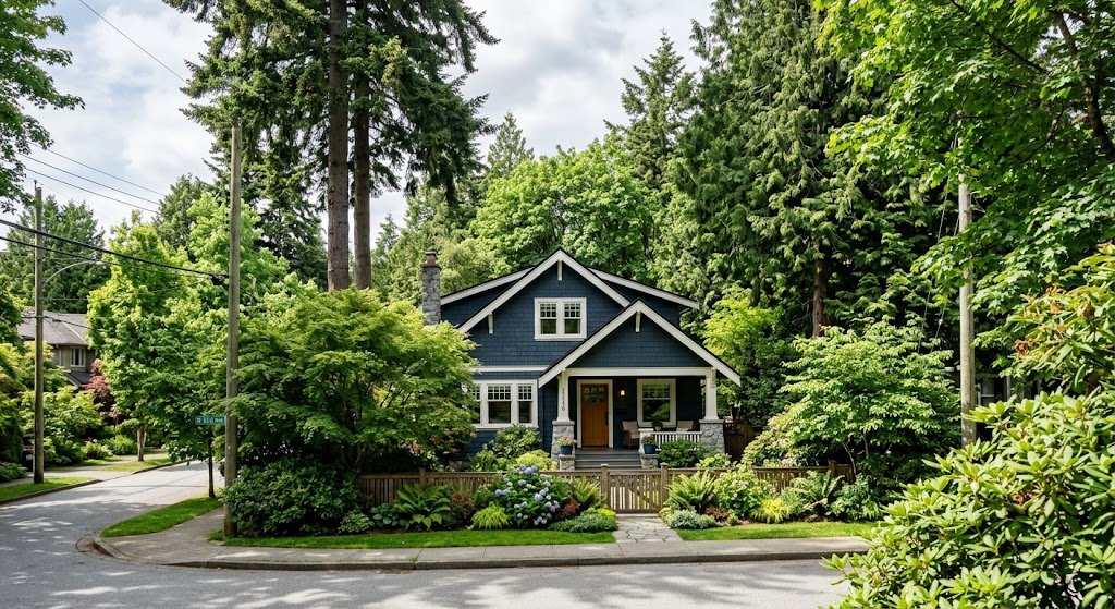 Vancouver home surrounded by mature trees affecting gutter maintenance frequency