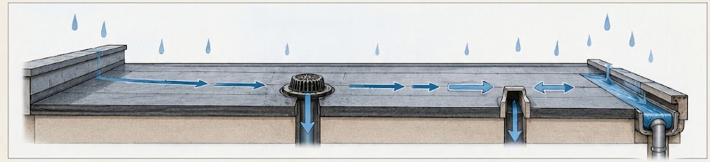 Diagram showing internal roof drains, scuppers, perimeter gutters and overflow drainage on a flat roof