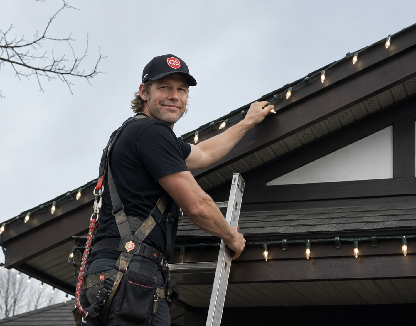 Quick Sidekick inspecting Christmas lights after installation