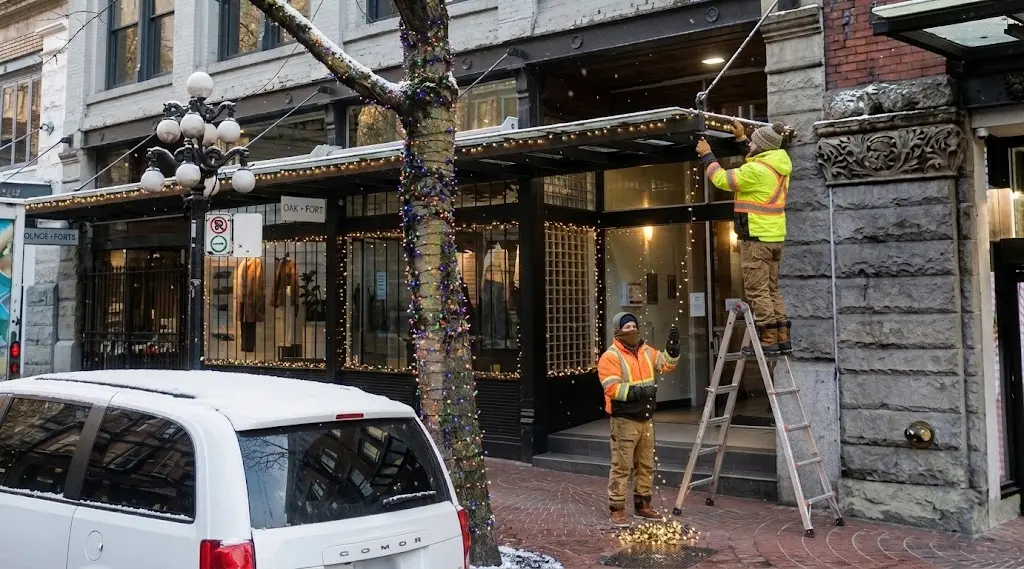 Commercial Christmas light installation on a Vancouver business