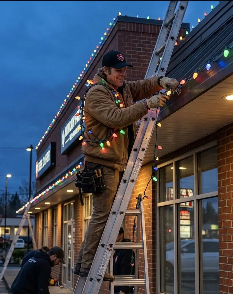Quick Sidekick installing Christmas lights on a commercial property in Vancouver