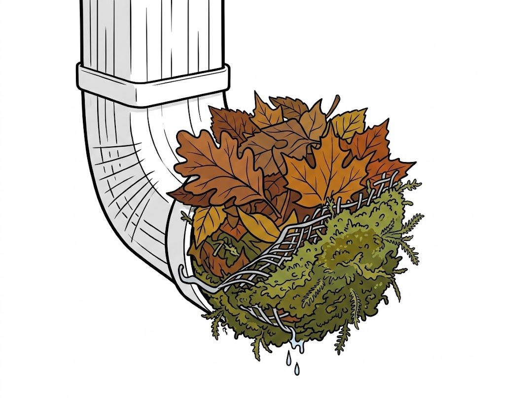 Leaves and moss blocking a downpipe opening