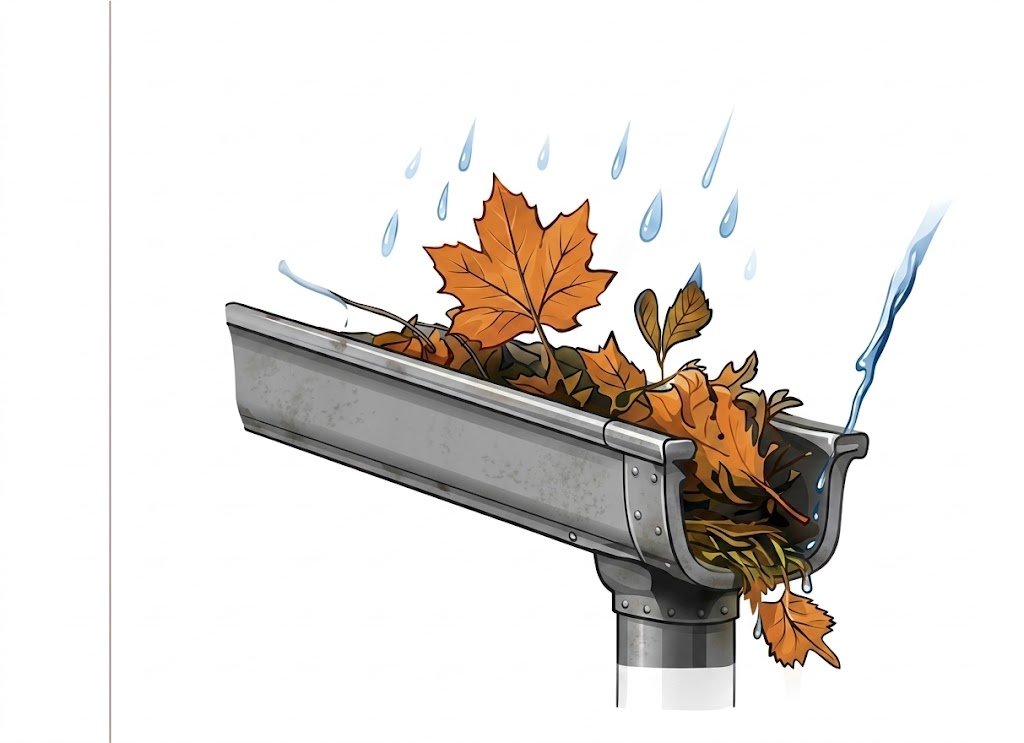 Leaves and debris moving toward a gutter downspout opening