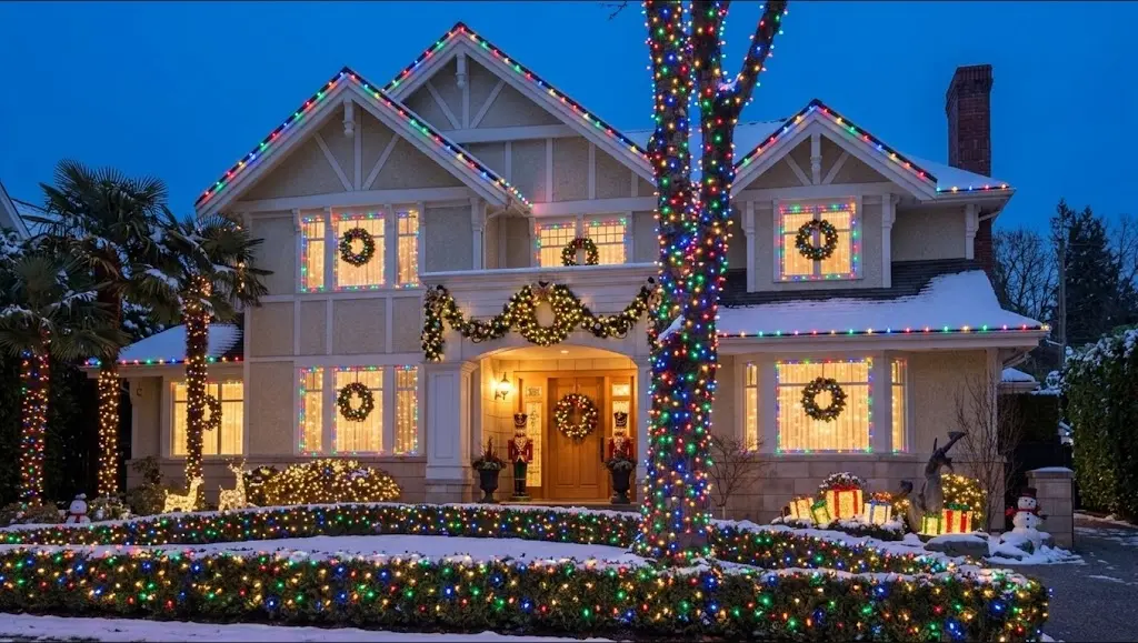 Full residential Christmas light display with peaks, first level, windows, bushes, trees and yard decorations