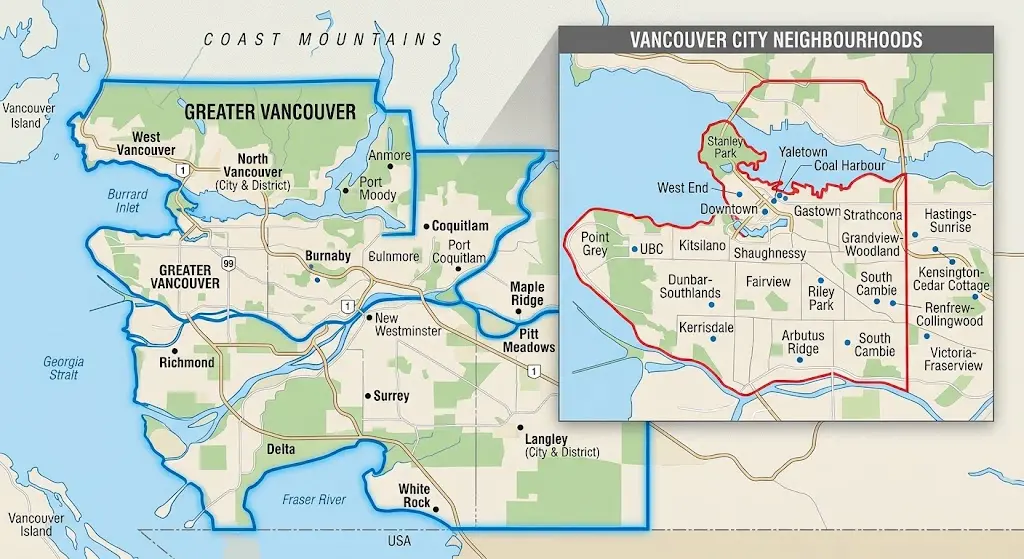 Map of Vancouver and Greater Vancouver commercial Christmas light installation service areas