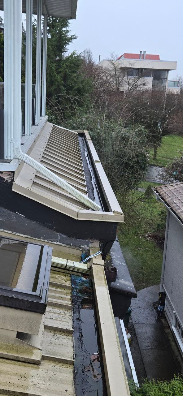 Gutter cleaning on a metal roof property in Vancouver