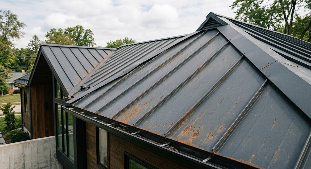 Older metal roof showing rust and deterioration of the protective finish