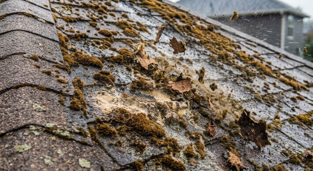 Dead roof moss gradually loosening through rain and weather