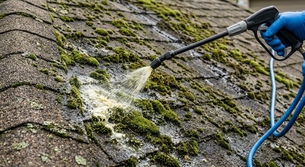 Roof moss treatment being sprayed onto a Vancouver roof